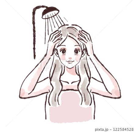 髪を洗う、入浴、シャワーを浴びる、シャンプーをする女性のイラスト素材 122584528