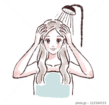 髪を洗う、入浴、シャワーを浴びる、シャンプーをする女性のイラスト素材 122584533
