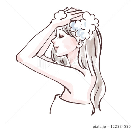 髪を洗う、入浴、シャワーを浴びる、シャンプーをする女性のイラスト素材 122584550