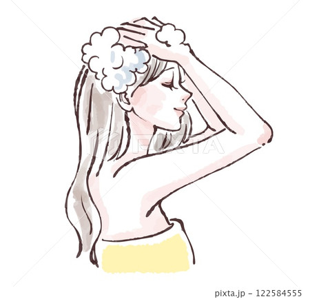 髪を洗う、入浴、シャワーを浴びる、シャンプーをする女性のイラスト素材 髪を洗う、入浴、シャワーを浴びる、シャンプーをする女性のイラスト素材 122584555