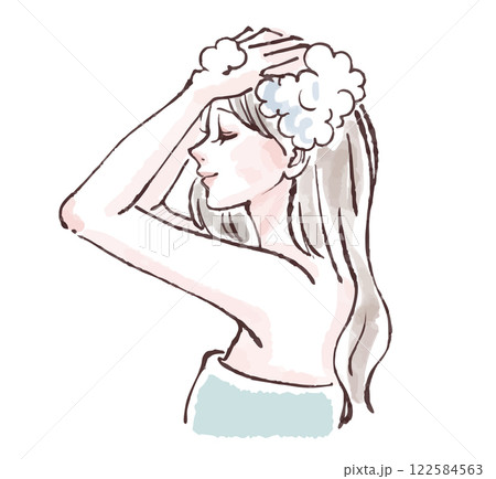 髪を洗う、入浴、シャワーを浴びる、シャンプーをする女性のイラスト素材 122584563