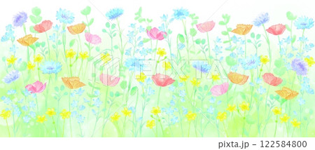 一面に色とりどりの花が咲き乱れる華やかな春の野原の風景。春の喜び