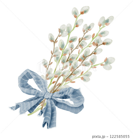 Hand-drawn watercolor illustration of elegant willow branches with blue fabric bow. Perfect for wedding invitations, botanical prints, minimalist home decor, romantic greeting cards or web posts. Hand-drawn watercolor illustration of elegant willow branches with blue fabric bow. Perfect for wedding invitations, botanical prints, minimalist home decor, romantic greeting cards or web posts. 122585055