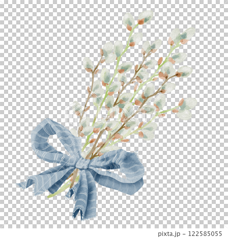 Hand-drawn watercolor illustration of elegant willow branches with blue fabric bow. Perfect for wedding invitations, botanical prints, minimalist home decor, romantic greeting cards or web posts. Hand-drawn watercolor illustration of elegant willow branches with blue fabric bow. Perfect for wedding invitations, botanical prints, minimalist home decor, romantic greeting cards or web posts. 122585055