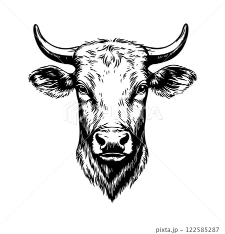 Detailed monochrome vector of a bull head, strong horns, powerful, farm animal, ideal for logos, mascots, prints, agriculture themes., farm themes. Easy editable layere, Farm animals. 122585287