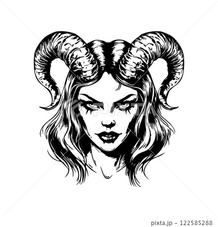 Striking monochrome vector portrait of a horned demon woman, detailed, alluring, mysterious, perfect for fantasy, gothic, or tattoo designs. 122585288