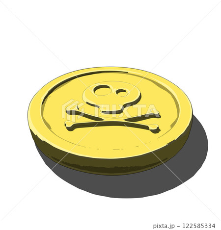 Gold Coin Featuring Encircled Skull and Crossbones Emblem on White Background 122585334