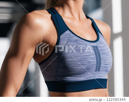 スポーツブラを着けた日焼けした女性の胸元 122585345