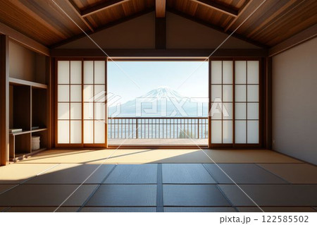富士山を望む伝統的な和室 122585502
