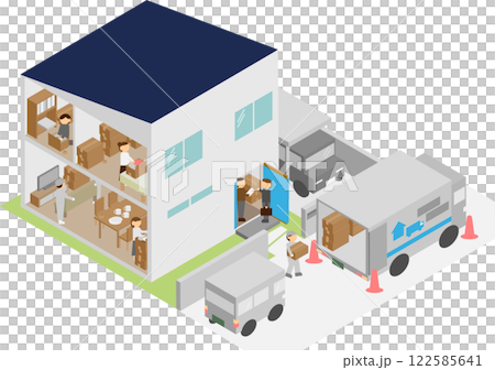 アイソメトリックな引越し中の住宅のイメージ素材 122585641