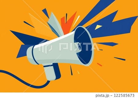 抽象的なメガホンと幾何学的な形が広がるオレンジ背景のイラスト 抽象的なメガホンと幾何学的な形が広がるオレンジ背景のイラスト 122585673