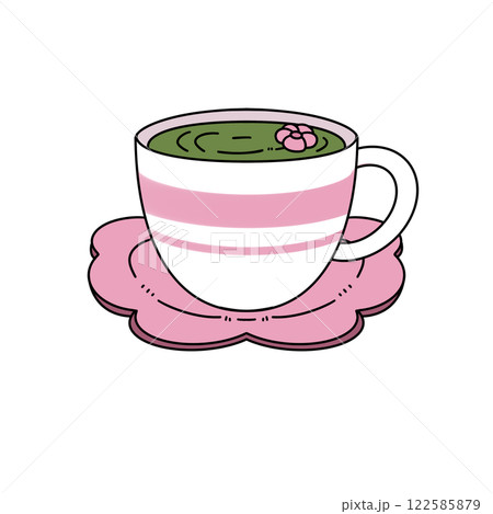 A cartoon cup with a flower on it sits on a pink napkin 122585879