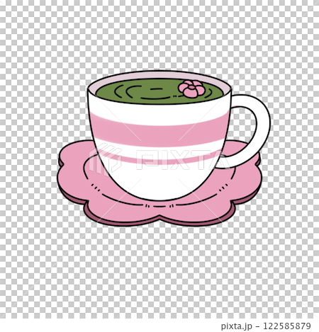 A cartoon cup with a flower on it sits on a pink napkin 122585879