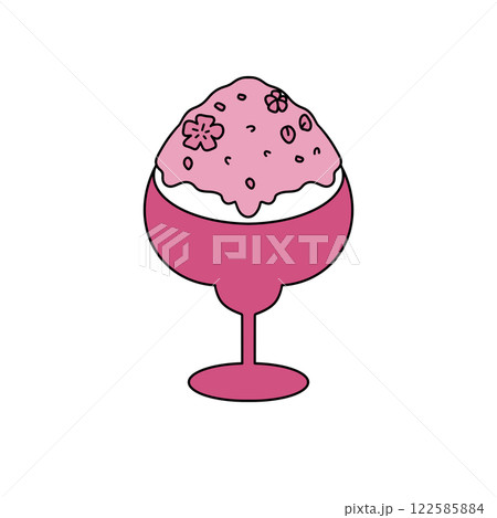 A pink glass with a pink frosting and a flower design on it 122585884