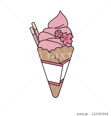 A pink ice cream cone with a cherry on top 122585958