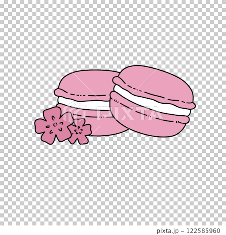 Two pink macarons with white filling and a pink flower on top Two pink macarons with white filling and a pink flower on top 122585960