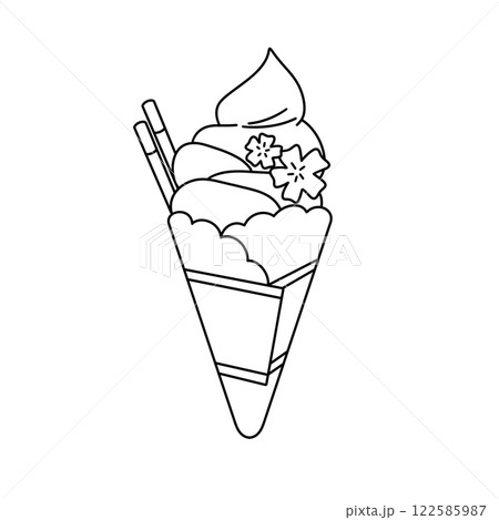 A white ice cream cone with a chocolate topping and a straw 122585987