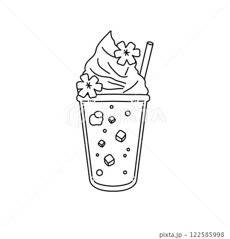 A cup of ice cream with a straw and flower decorations A cup of ice cream with a straw and flower decorations 122585998
