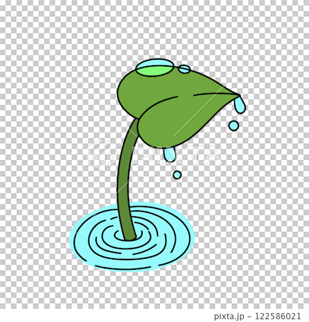 A cartoonish green leaf with water droplets on it 122586021