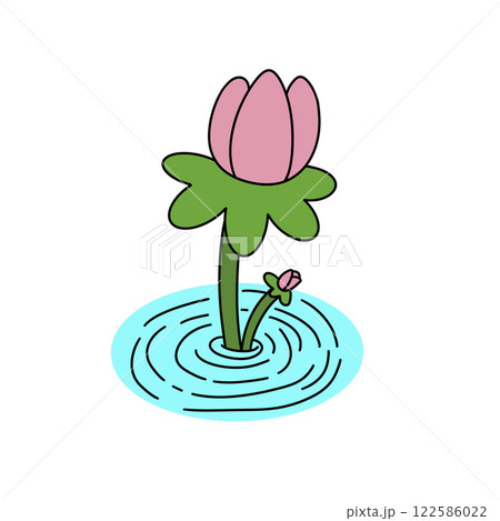 A cartoon drawing of a pink flower with green leaves floating in a pond 122586022