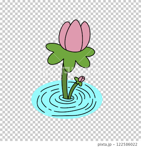 A cartoon drawing of a pink flower with green leaves floating in a pond 122586022