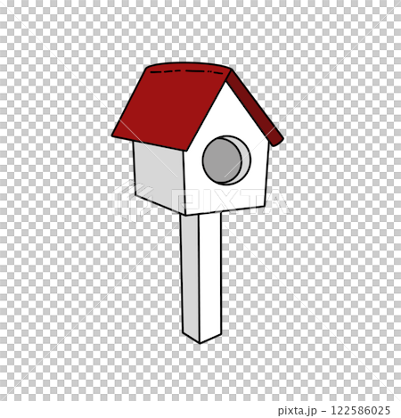 A white birdhouse with a red roof 122586025