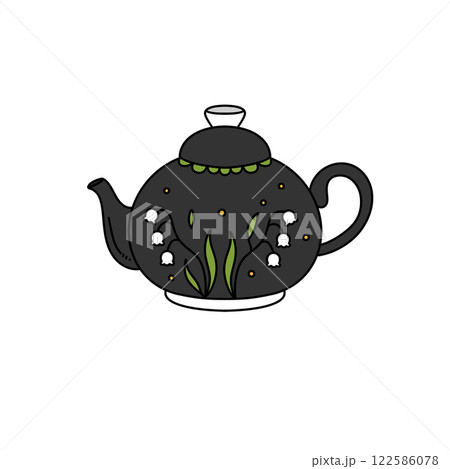A black tea pot with flowers on it 122586078