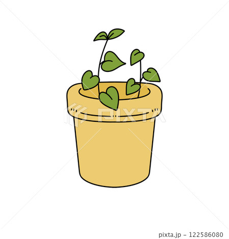 A yellow pot with green leaves and a heart shape 122586080