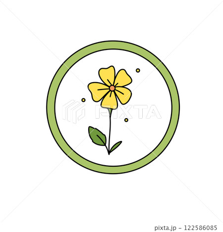 A yellow flower with green leaves is drawn in a circle A yellow flower with green leaves is drawn in a circle 122586085