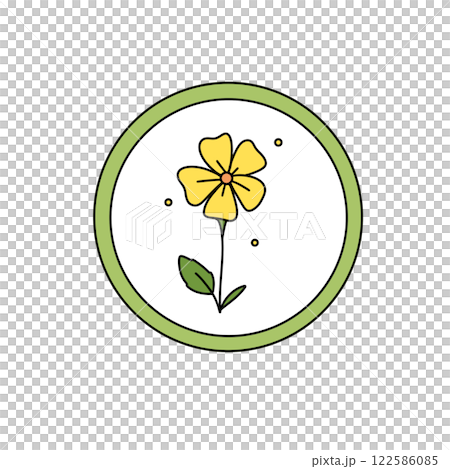 A yellow flower with green leaves is drawn in a circle A yellow flower with green leaves is drawn in a circle 122586085