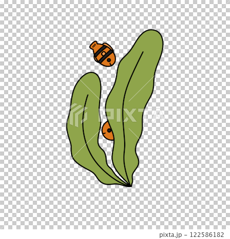 A cartoon drawing of a fish and a bug on a green leaf 122586182