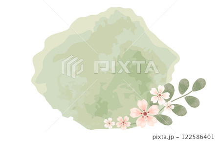 やさいい緑色の水彩テクスチャと桜のフレーム 122586401