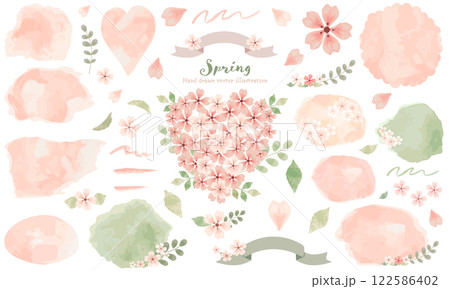 桜色の水彩テクスチャとフレームおよびあしらいのセット 122586402