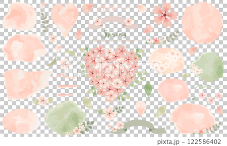 桜色の水彩テクスチャとフレームおよびあしらいのセット 122586402
