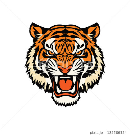 Fierce tiger head, bold stripes, sharp teeth, intense eyes. Perfect for logos, designs, and branding. Wildlife Animals. 122586524