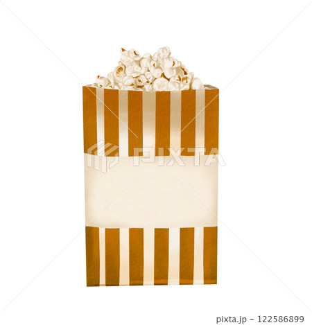 A bag of popcorn. Paper container with snack. Classic retro style for popcorn and cinema. Gold stripes. crispy salty snack. watercolor illustration isolated from background. Place for the inscription. 122586899
