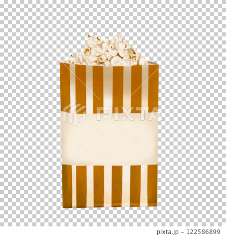 A bag of popcorn. Paper container with snack. Classic retro style for popcorn and cinema. Gold stripes. crispy salty snack. watercolor illustration isolated from background. Place for the inscription. 122586899