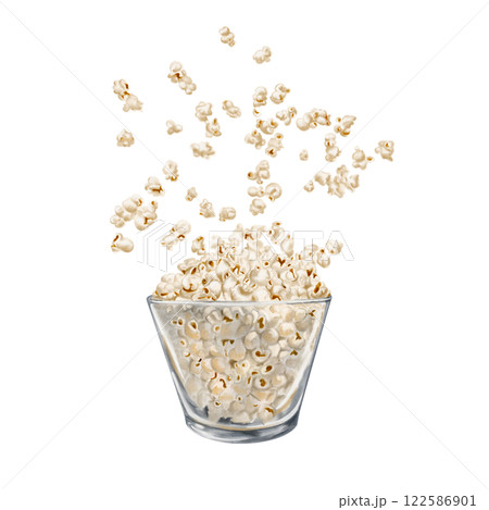popcorn in a large glass bowl. Flying popcorn. Crispy corn. Homemade snack. watercolor illustration without background. transparent cup for food. For printing on menus, packaging or cards.  122586901