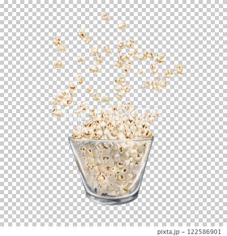 popcorn in a large glass bowl. Flying popcorn. Crispy corn. Homemade snack. watercolor illustration without background. transparent cup for food. For printing on menus, packaging or cards.  122586901