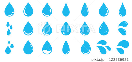 雫　水滴　液体　シンプル　アイコン　水色　シルエット　セット	 122586921