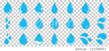 雫　水滴　液体　シンプル　アイコン　水色　シルエット　セット	 122586921