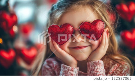 ハート型の眼鏡をかけた笑顔の女の子 122587063