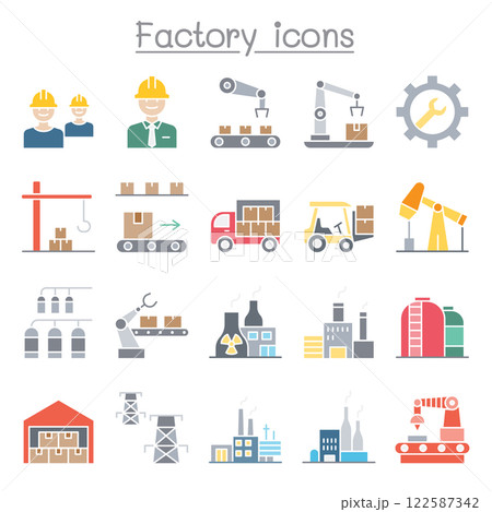 Factory and Industrial icon set in flat color stlye 122587342