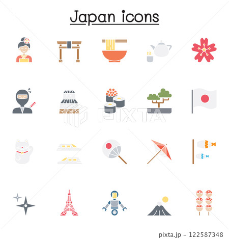 Set of Japan Related Vector icon. Contains such icon as sushi, kimono, ninja, castle, fuji mountain, bonsai, geisha and more Set of Japan Related Vector icon. Contains such icon as sushi, kimono, ninja, castle, fuji mountain, bonsai, geisha and more 122587348