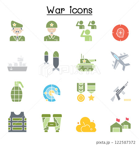 Set of War Related Vector icon. Contains such Icon as soldier, army, military, navy, airforce, bomb, battleship, airplane in flat color style 122587372