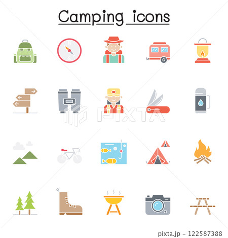 Set of Camping Related Vector icon. Contains such icon as tent, hiking, forest, car, campfire, mountain, traveler, compass, fishing, forest, camera, direction sign, bench, backpack and more.