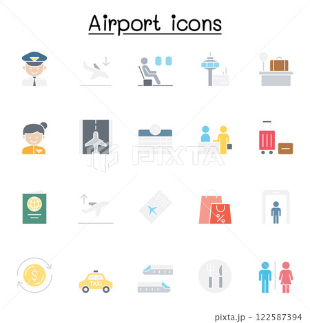 Airport icon set in flat color style Airport icon set in flat color style 122587394