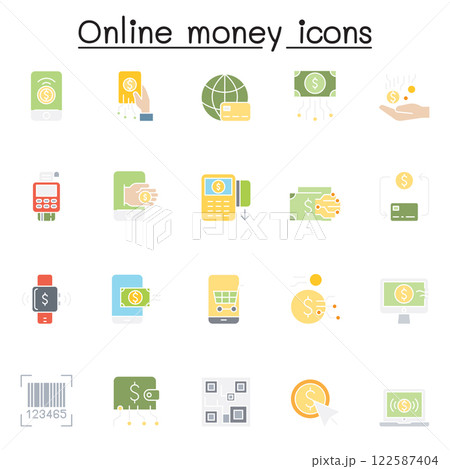 Set of Online money Related Vector icon. Contains such icon as crytocurrency, online banking, e-money, online payment, cashless, credit card, e-wallet, investment, shopping online and more. Set of Online money Related Vector icon. Contains such icon as crytocurrency, online banking, e-money, online payment, cashless, credit card, e-wallet, investment, shopping online and more. 122587404
