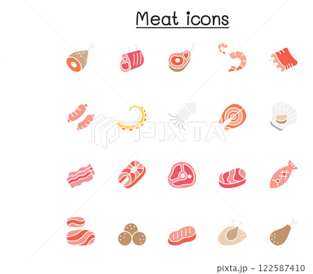 Meat, pork, beef, seafood icon set in flat color style 122587410