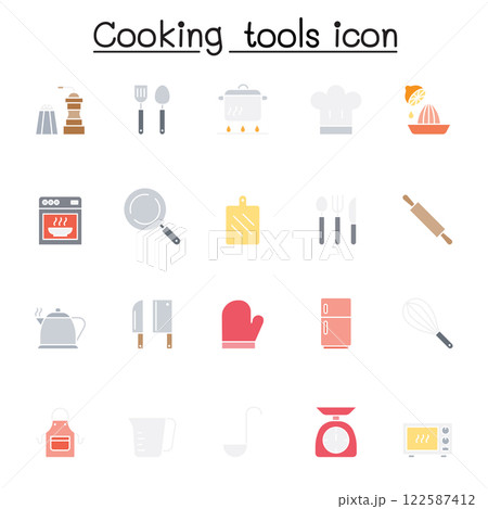 Cooking tools icon set in flat color style Cooking tools icon set in flat color style 122587412